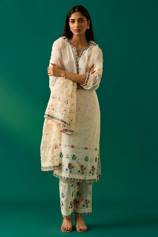 Off-White Embroidered Straight Kurta with Straight Pant and Dupatta Set