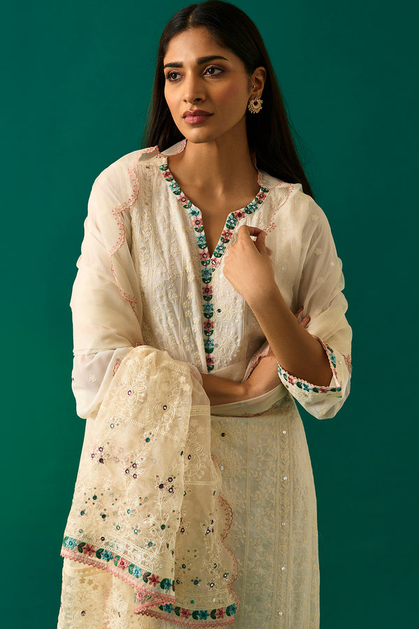 Off-White Embroidered Straight Kurta with Straight Pant and Dupatta Set