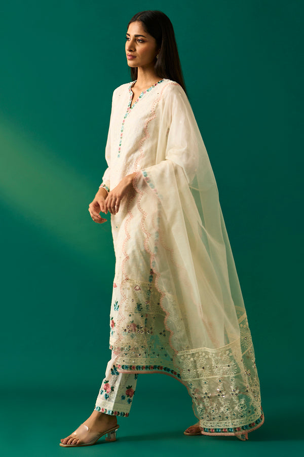 Off-White Embroidered Straight Kurta with Straight Pant and Dupatta Set