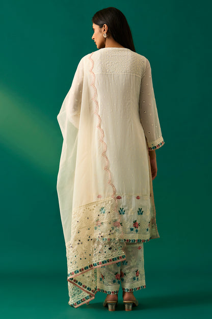 Off-White Embroidered Straight Kurta with Straight Pant and Dupatta Set