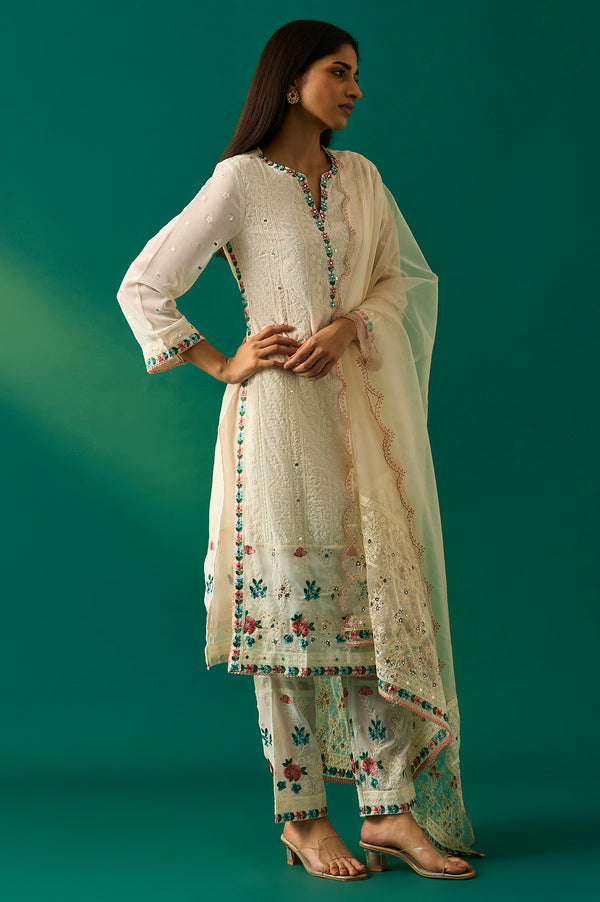 Off-White Embroidered Straight Kurta with Straight Pant and Dupatta Set