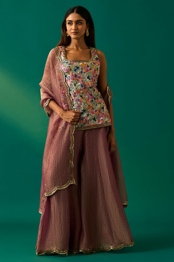 Multicolor Embroidered Straight Tissue Kurta with Culottes and Dupatta Set