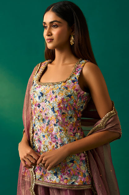 Multicolor Embroidered Straight Tissue Kurta with Culottes and Dupatta Set