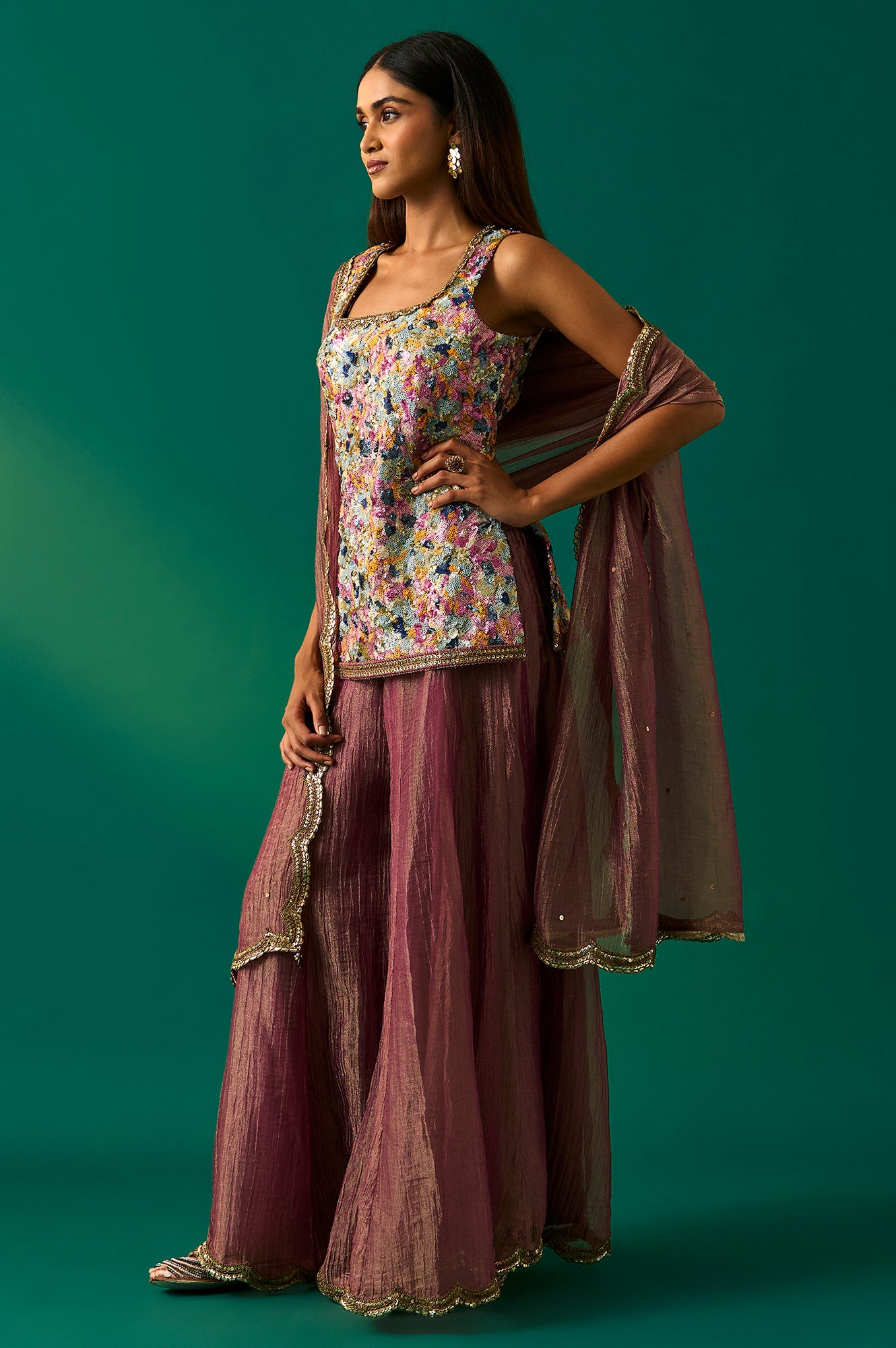 Multicolor Embroidered Straight Tissue Kurta with Culottes and Dupatta Set