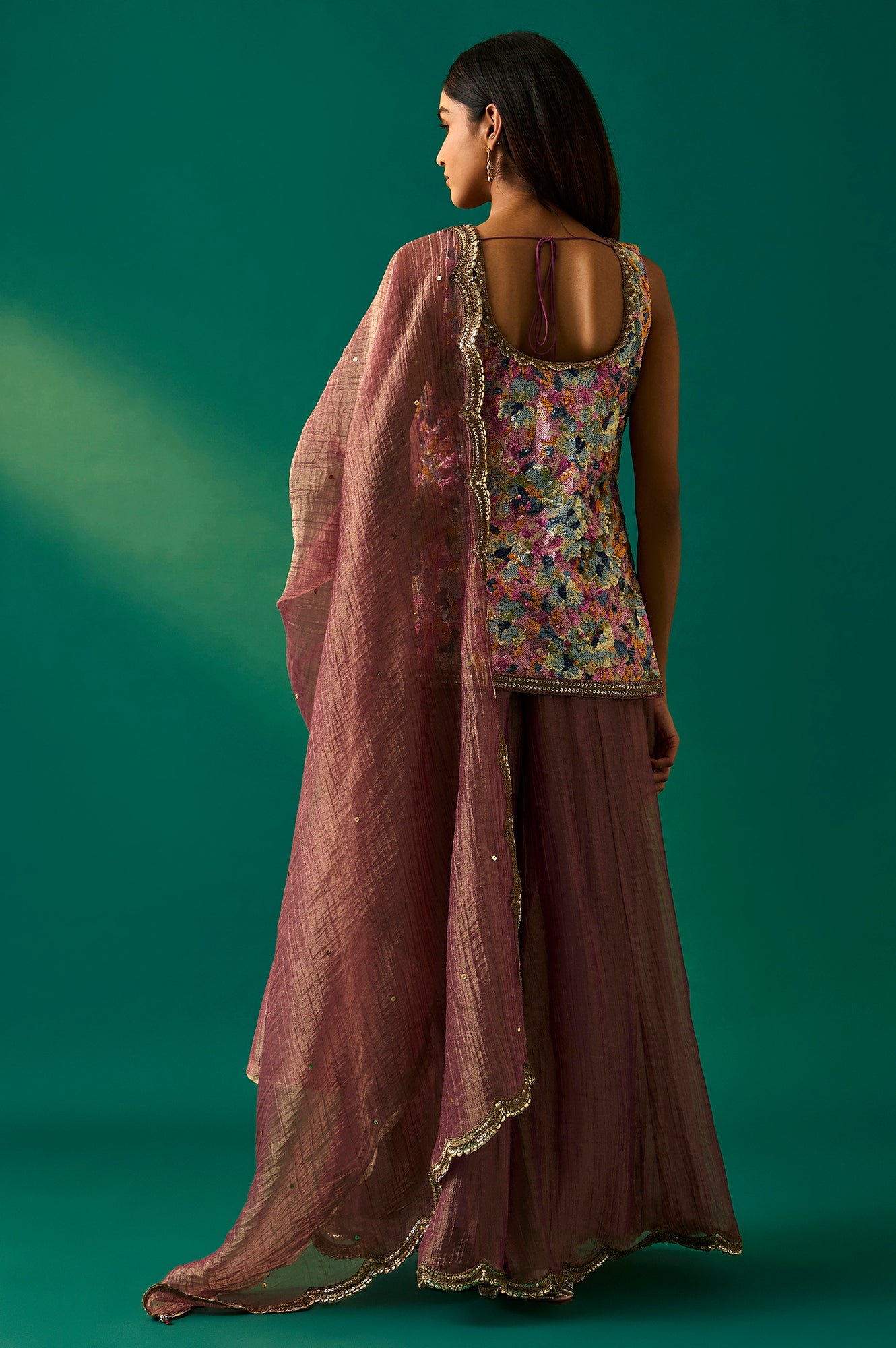 Multicolor Embroidered Straight Tissue Kurta with Culottes and Dupatta Set