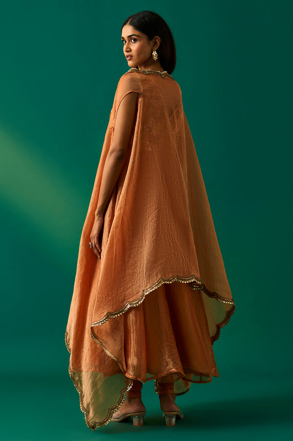 Orange Embroidered Flared Net Dress with Churidar and Cape Set