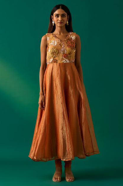 Orange Embroidered Flared Net Dress with Churidar and Cape Set