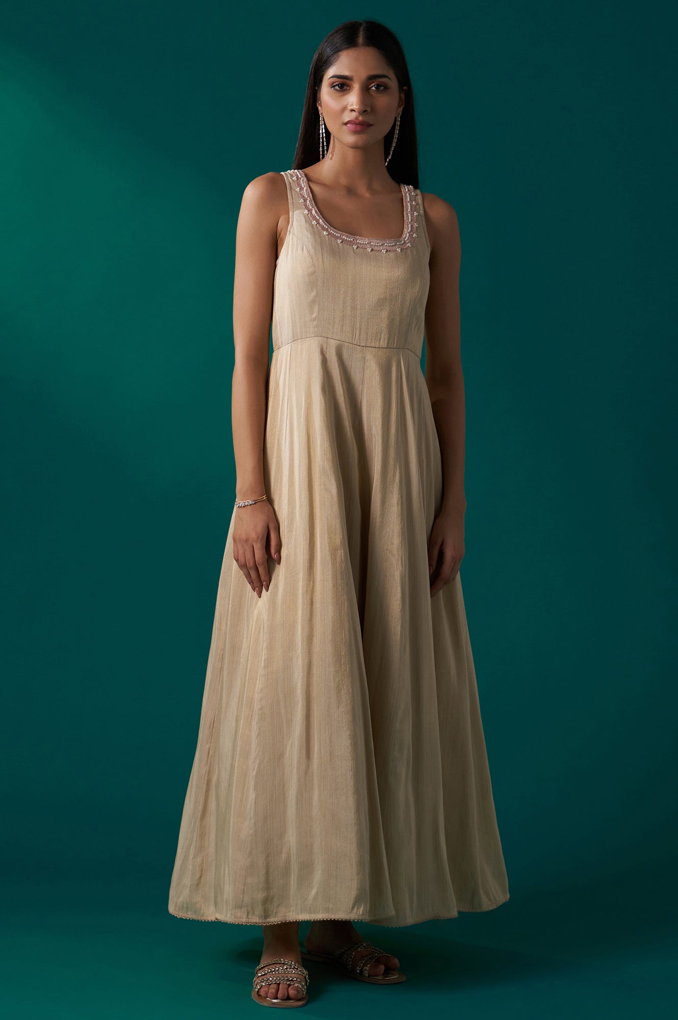 Beige Sequin Embroidered Long Jacket, Anarkali Dress and Churidar Set