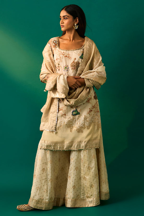 Beige Embroidered Straight Tissue Kurta with Sharara and Dupatta Set