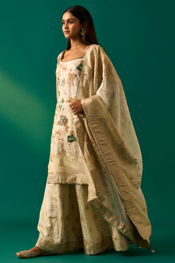 Beige Embroidered Straight Tissue Kurta with Sharara and Dupatta Set