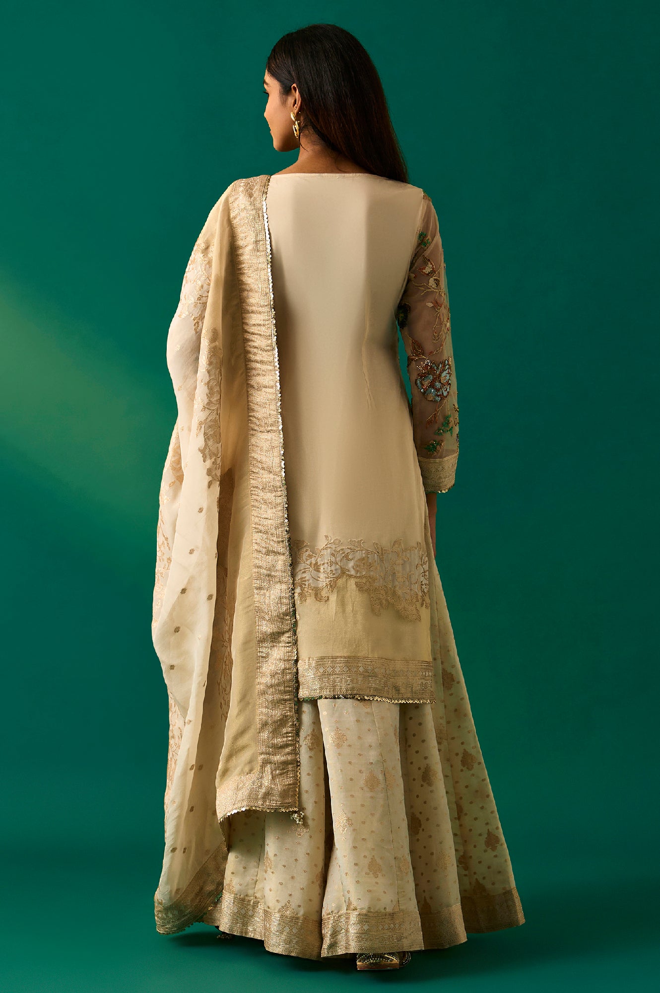 Beige Embroidered Straight Tissue Kurta with Sharara and Dupatta Set