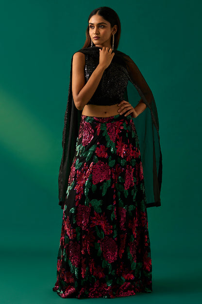 Black Sequin Embellished Straight Blouse with Skirt and Dupatta Set
