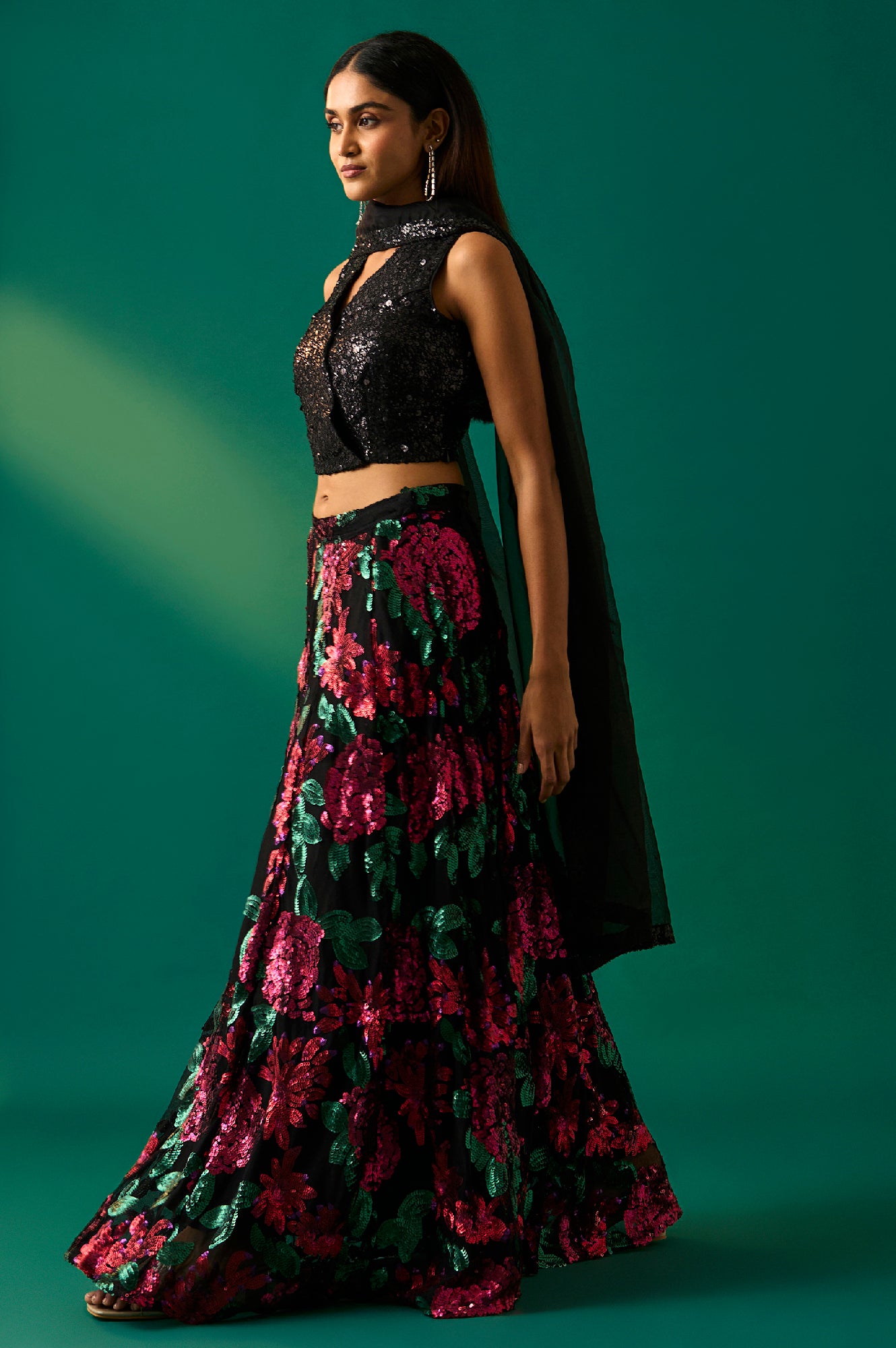 Black Sequin Embellished Straight Blouse with Skirt and Dupatta Set