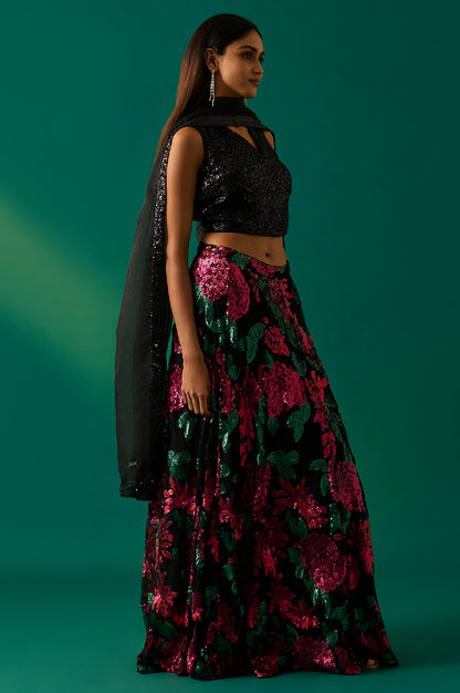 Black Sequin Embellished Straight Blouse with Skirt and Dupatta Set