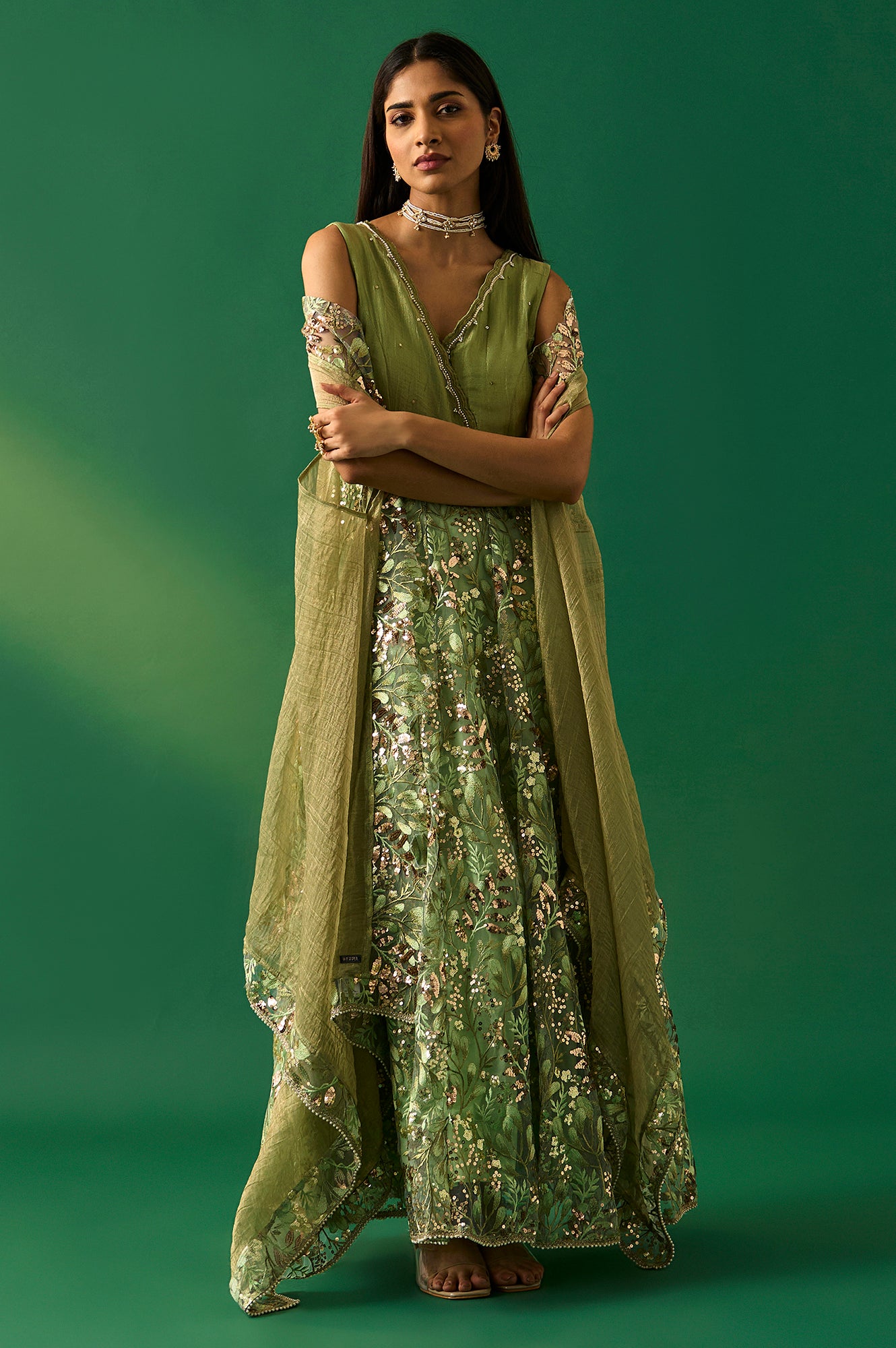 Green Embroidered Anarkali Tissue Dress with Churidar and Dupatta Set