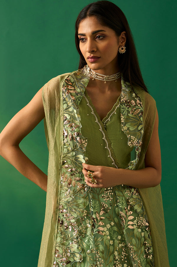 Green Embroidered Anarkali Tissue Dress with Churidar and Dupatta Set