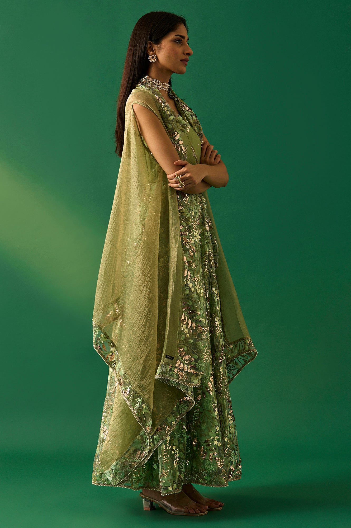 Green Embroidered Anarkali Tissue Dress with Churidar and Dupatta Set