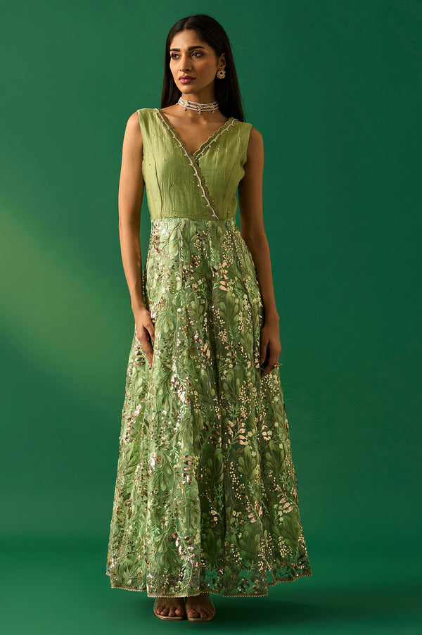 Green Embroidered Anarkali Tissue Dress with Churidar and Dupatta Set