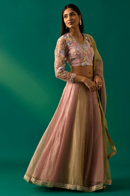 Pink Embroidered Tissue Blouse with Skirt and Dupatta Set