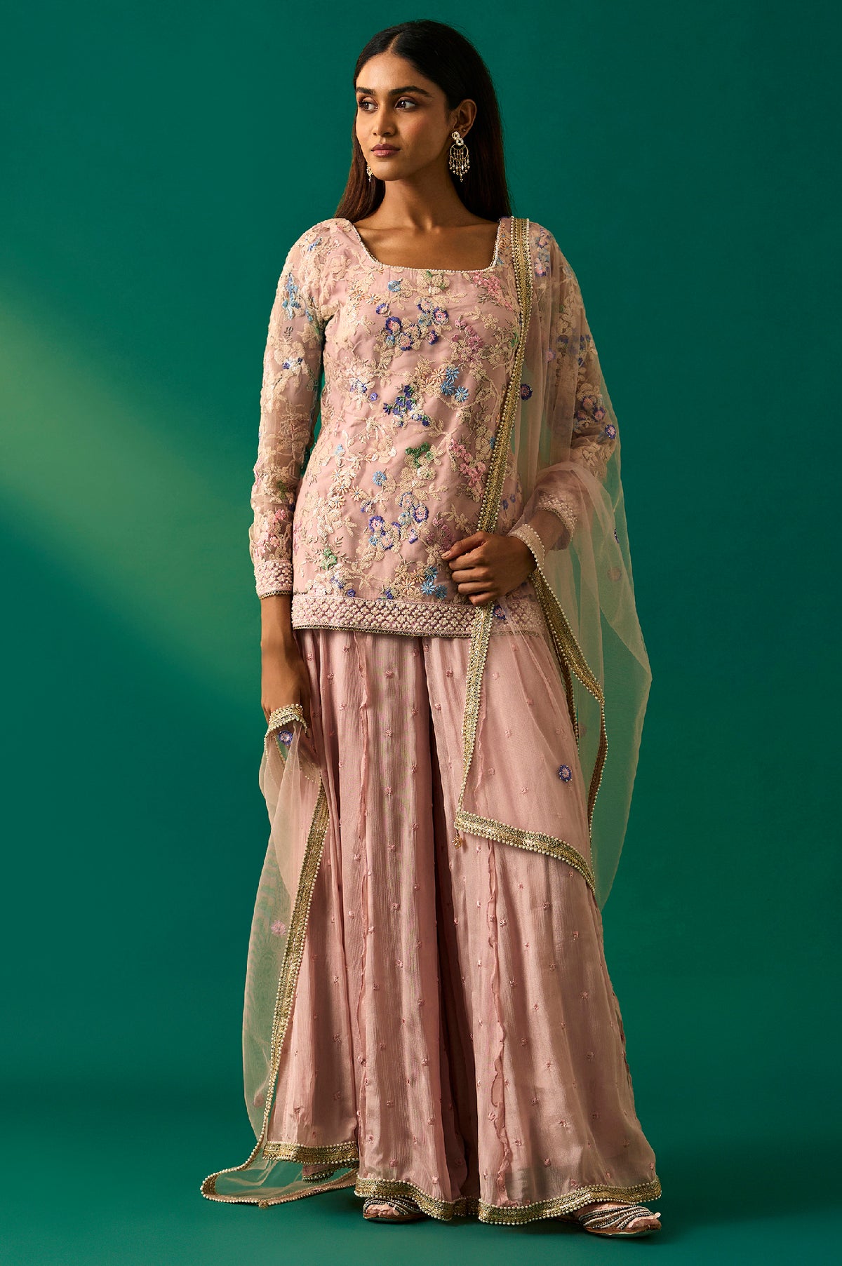 Pink Floral Embroidered Straight Kurta with Culotte and Dupatta Set - M