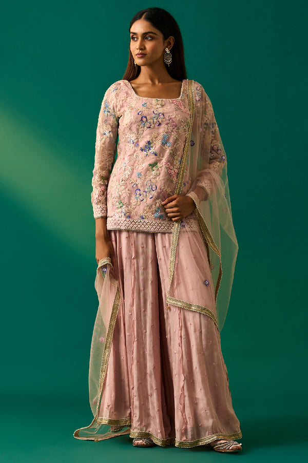 Pink Floral Embroidered Straight Kurta with Culotte and Dupatta Set