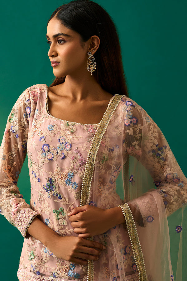 Pink Floral Embroidered Straight Kurta with Culotte and Dupatta Set