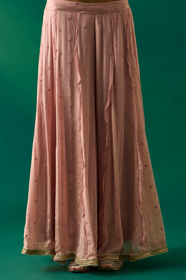 Pink Floral Embroidered Straight Kurta with Culotte and Dupatta Set