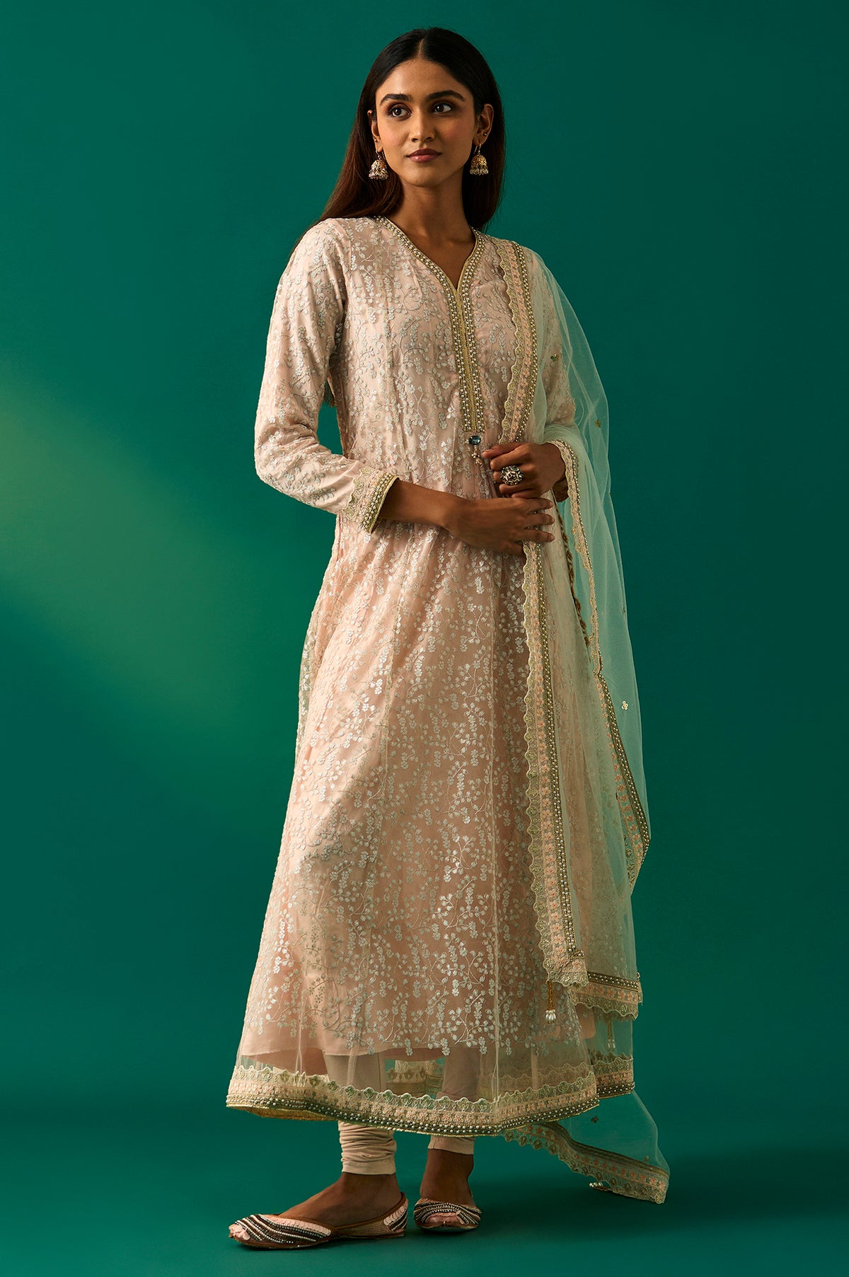 Beige Embroidered Anarkali Net Kurta with Churidar and Dupatta Set - S