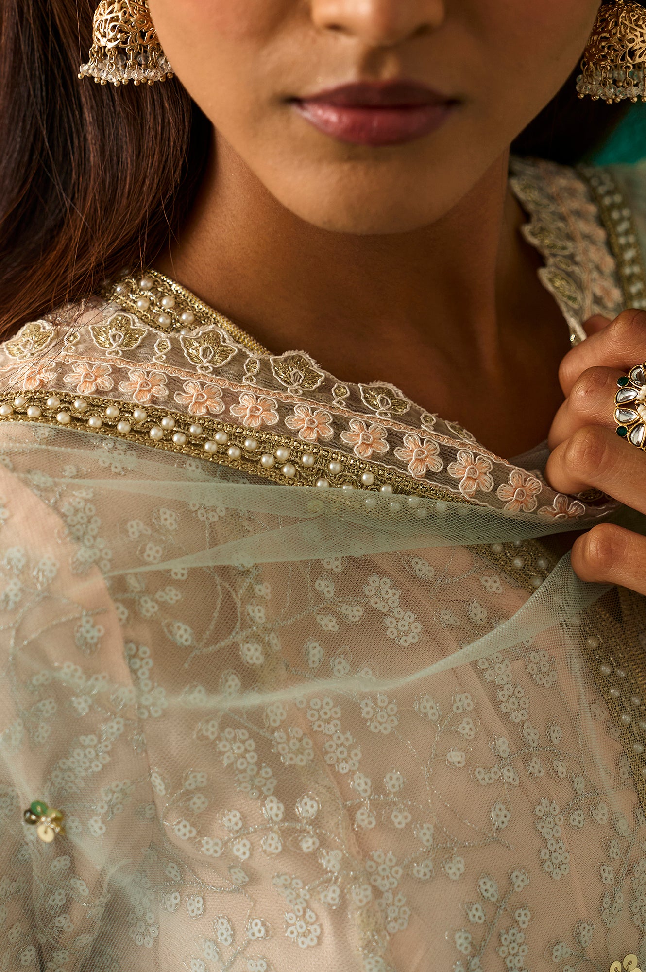 Beige Embroidered Anarkali Net Kurta with Churidar and Dupatta Set