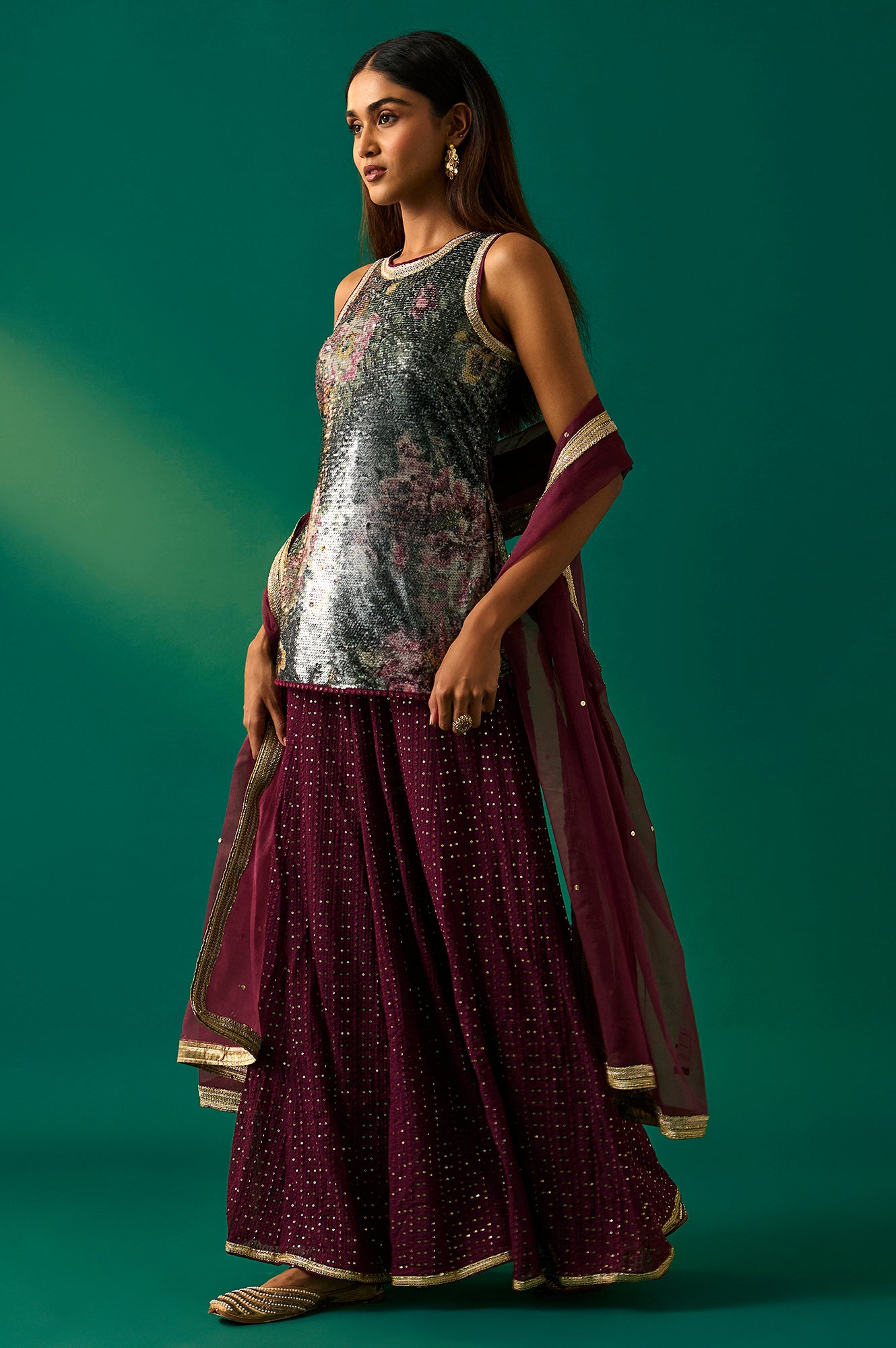 Green Embroidered Straight Kurta with Sharara and Dupatta Set