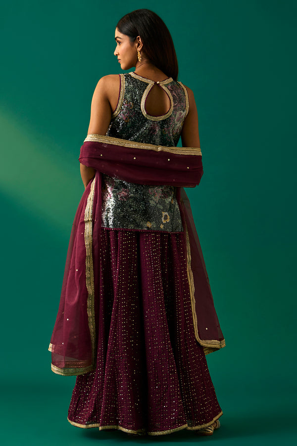 Green Embroidered Straight Kurta with Sharara and Dupatta Set