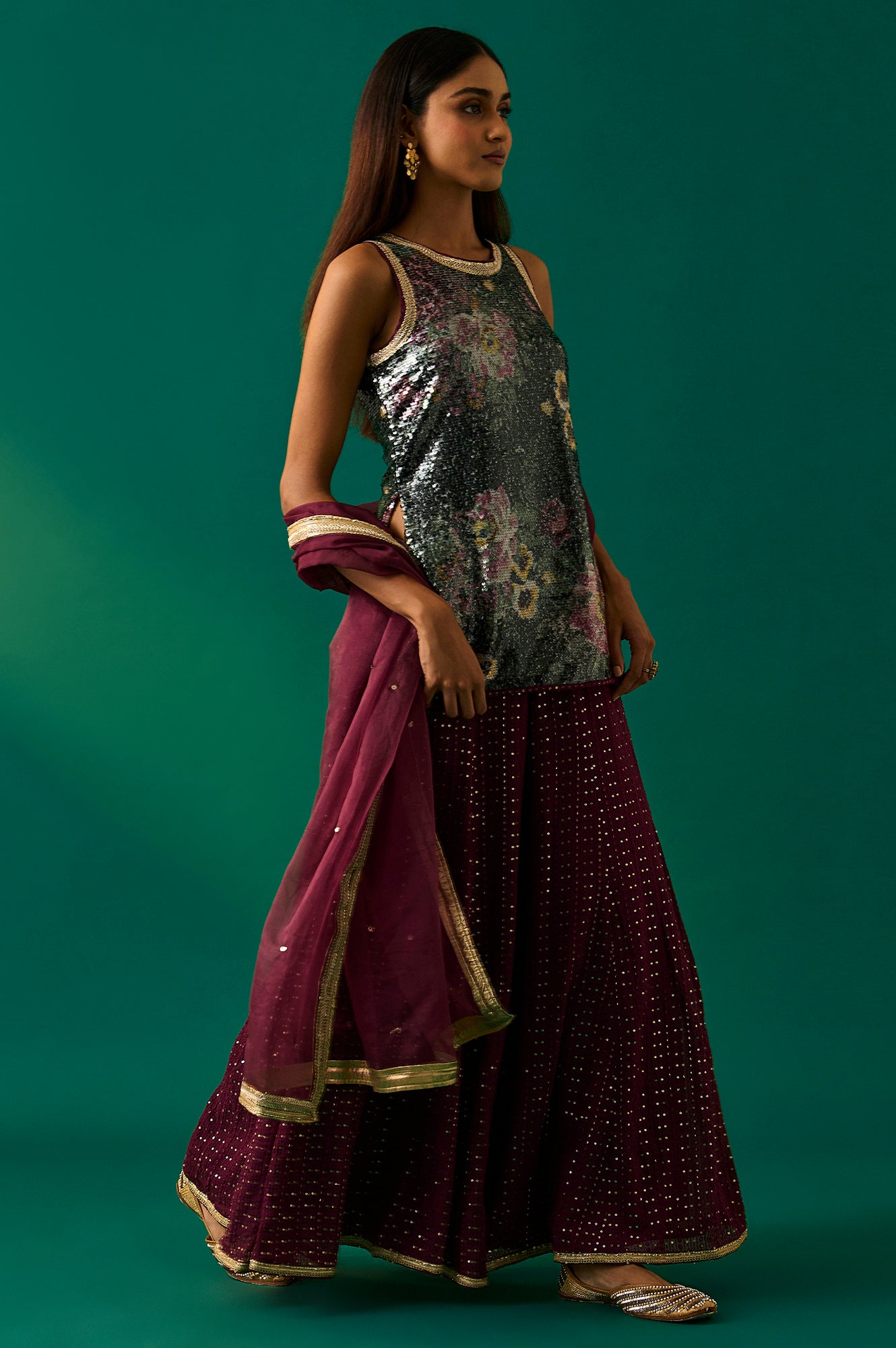 Green Embroidered Straight Kurta with Sharara and Dupatta Set