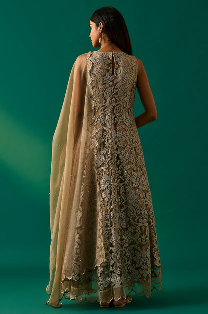 Beige Embroidered Anarkali Dress with Churidar and Dupatta Set