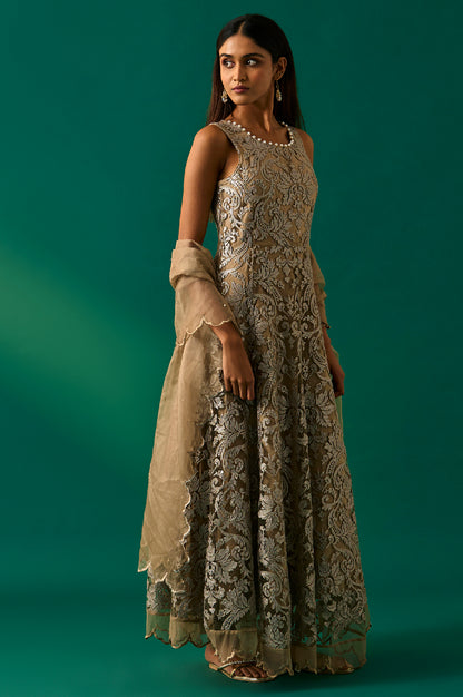 Beige Embroidered Anarkali Dress with Churidar and Dupatta Set