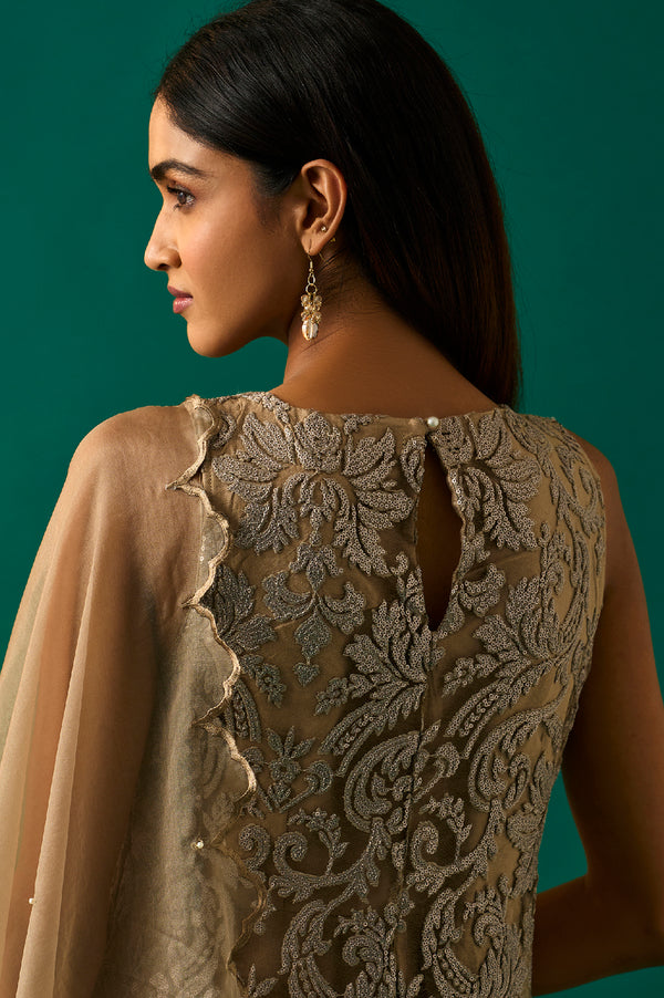 Beige Embroidered Anarkali Dress with Churidar and Dupatta Set