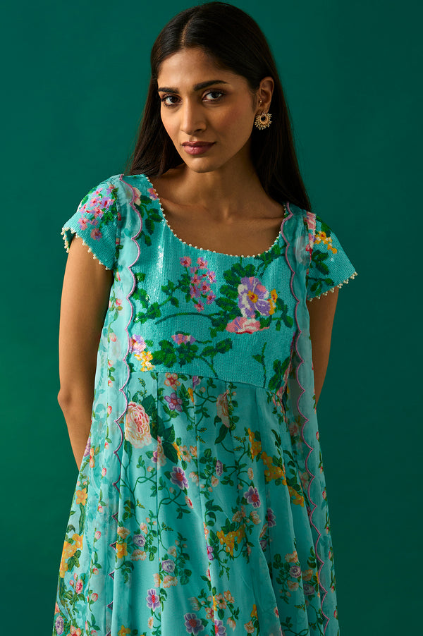 Aqua Blue Embroidered Sequined Flared Georgette Dress with Gillet Set