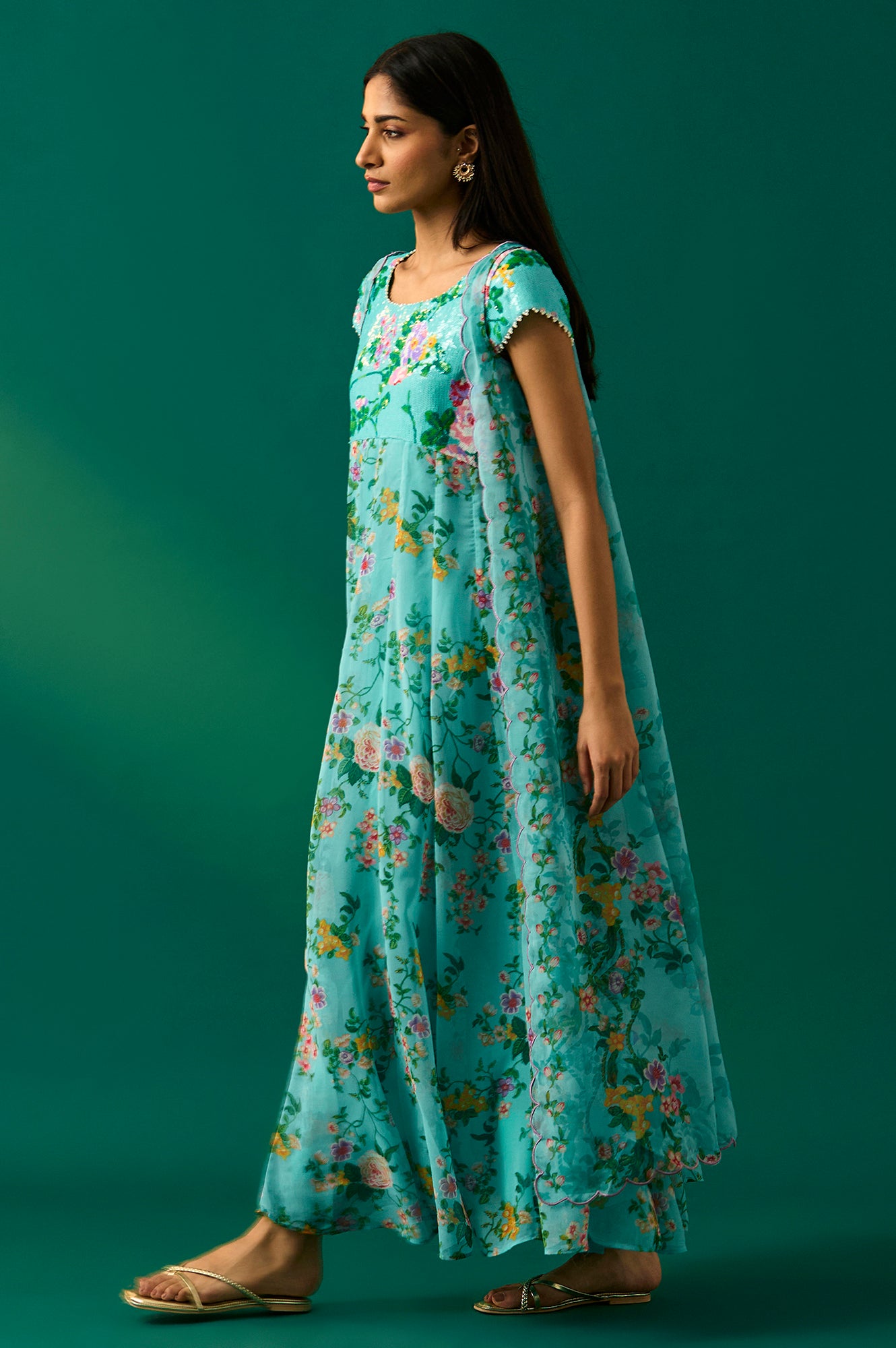 Aqua Blue Embroidered Sequined Flared Georgette Dress with Gillet Set