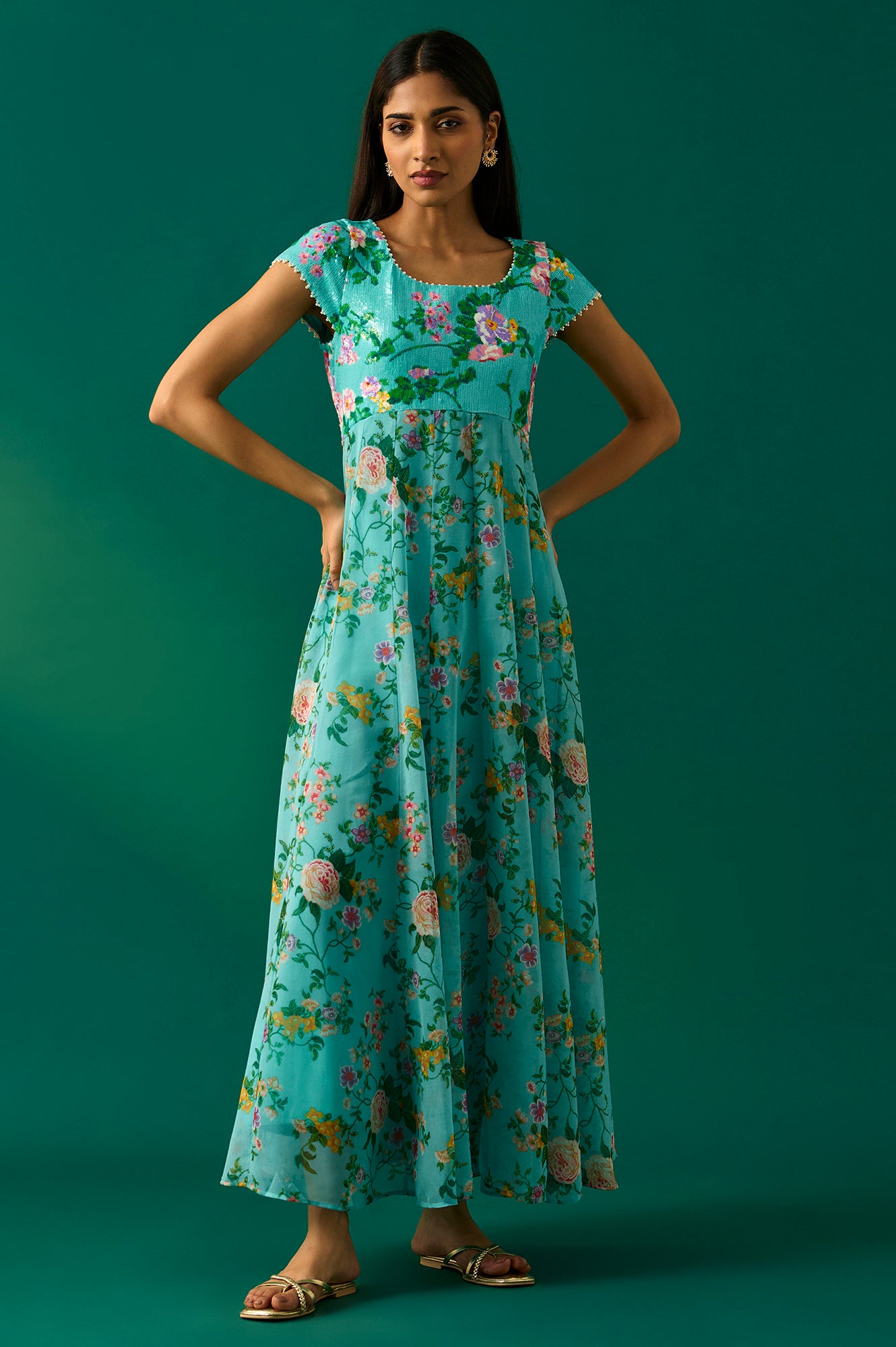 Aqua Blue Embroidered Sequined Flared Georgette Dress with Gillet Set