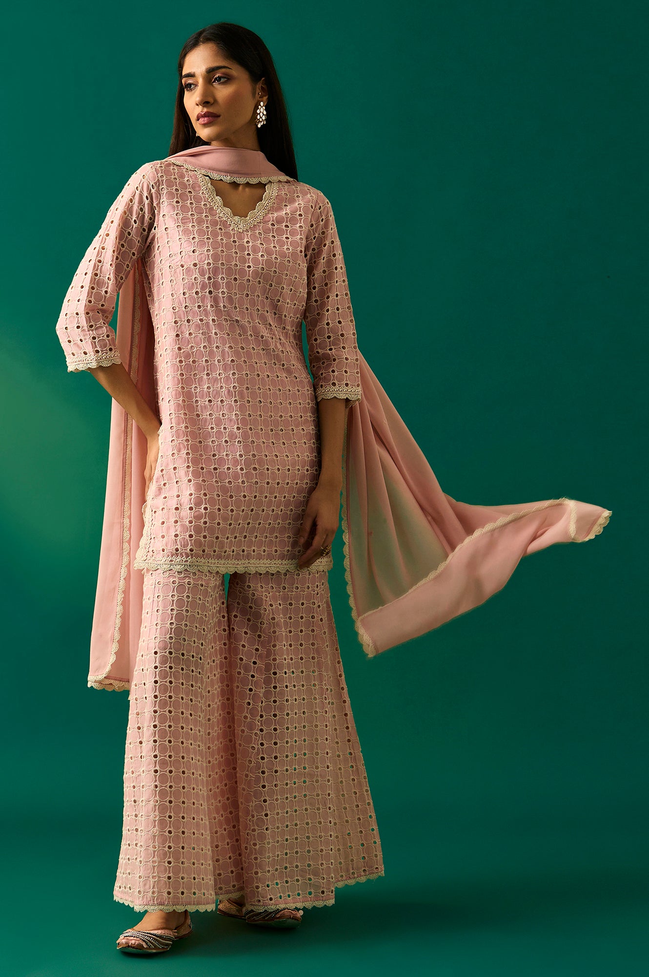 Pink Embroidered Schiffli Straight Short and Sharara Set with Dupatta Set