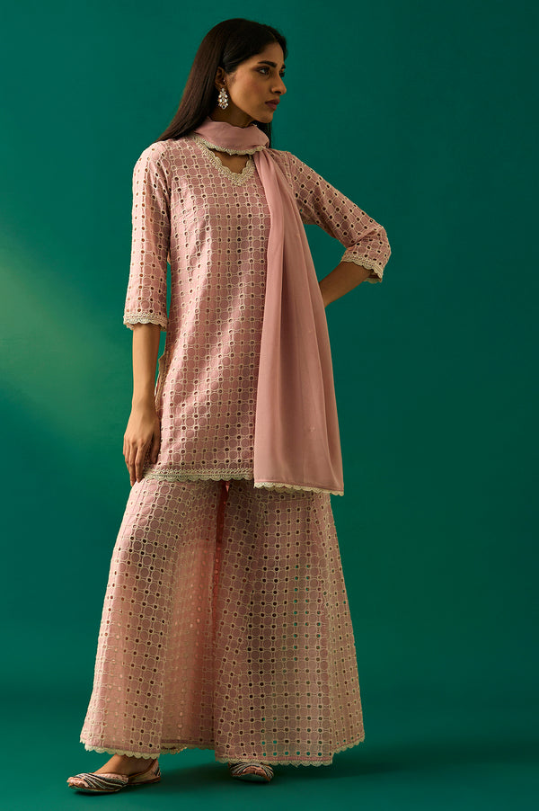Pink Embroidered Schiffli Straight Short and Sharara Set with Dupatta Set
