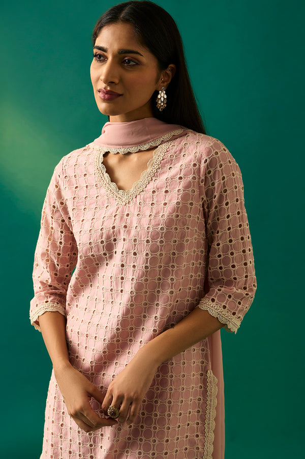 Pink Embroidered Schiffli Straight Short and Sharara Set with Dupatta Set