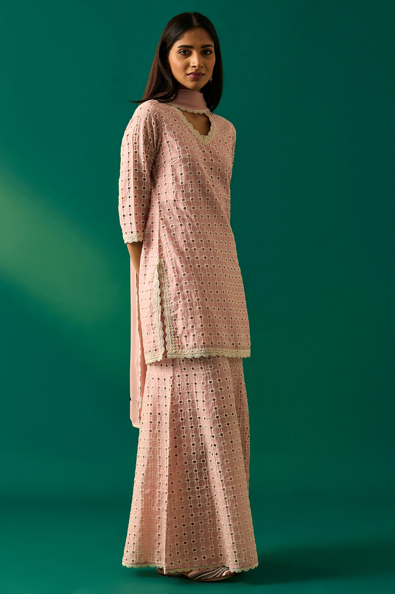 Pink Embroidered Schiffli Straight Short and Sharara Set with Dupatta Set