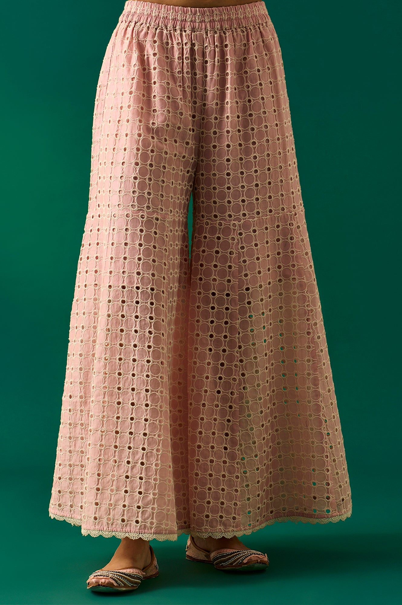 Pink Embroidered Schiffli Straight Short and Sharara Set with Dupatta Set