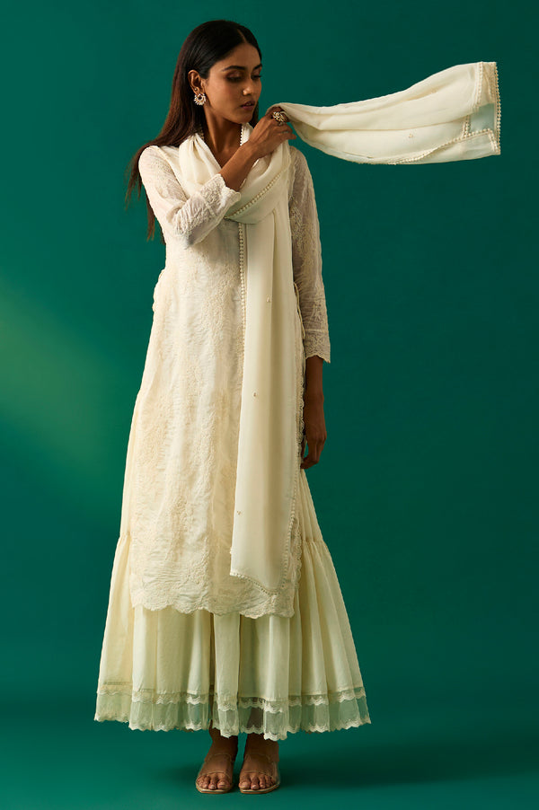 White Embroidered Mock Layer Tiered Dress and Dupatta Set