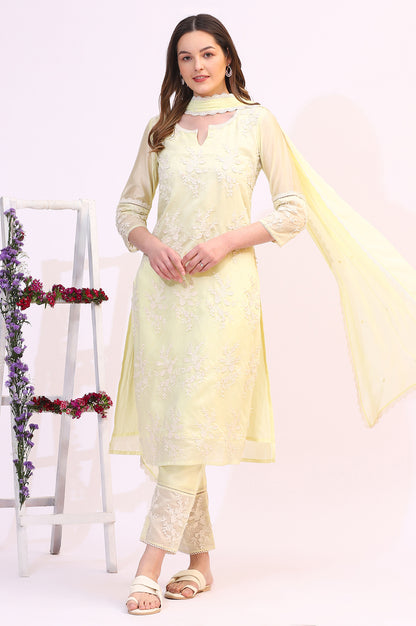 Lime Yellow Thread Embroidered Straight Kurta, Pants and Dupatta Set
