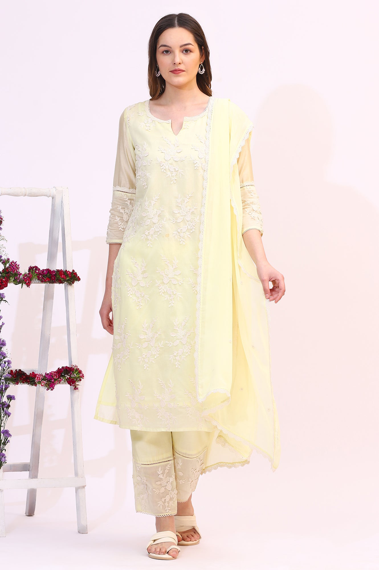 Lime Yellow Thread Embroidered Straight Kurta, Pants and Dupatta Set
