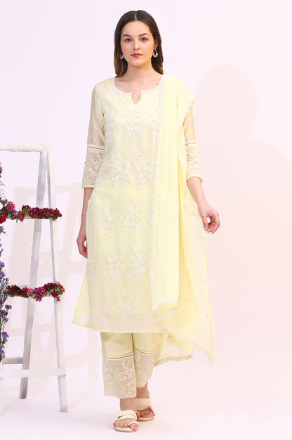 Lime Yellow Thread Embroidered Straight Kurta, Pants and Dupatta Set