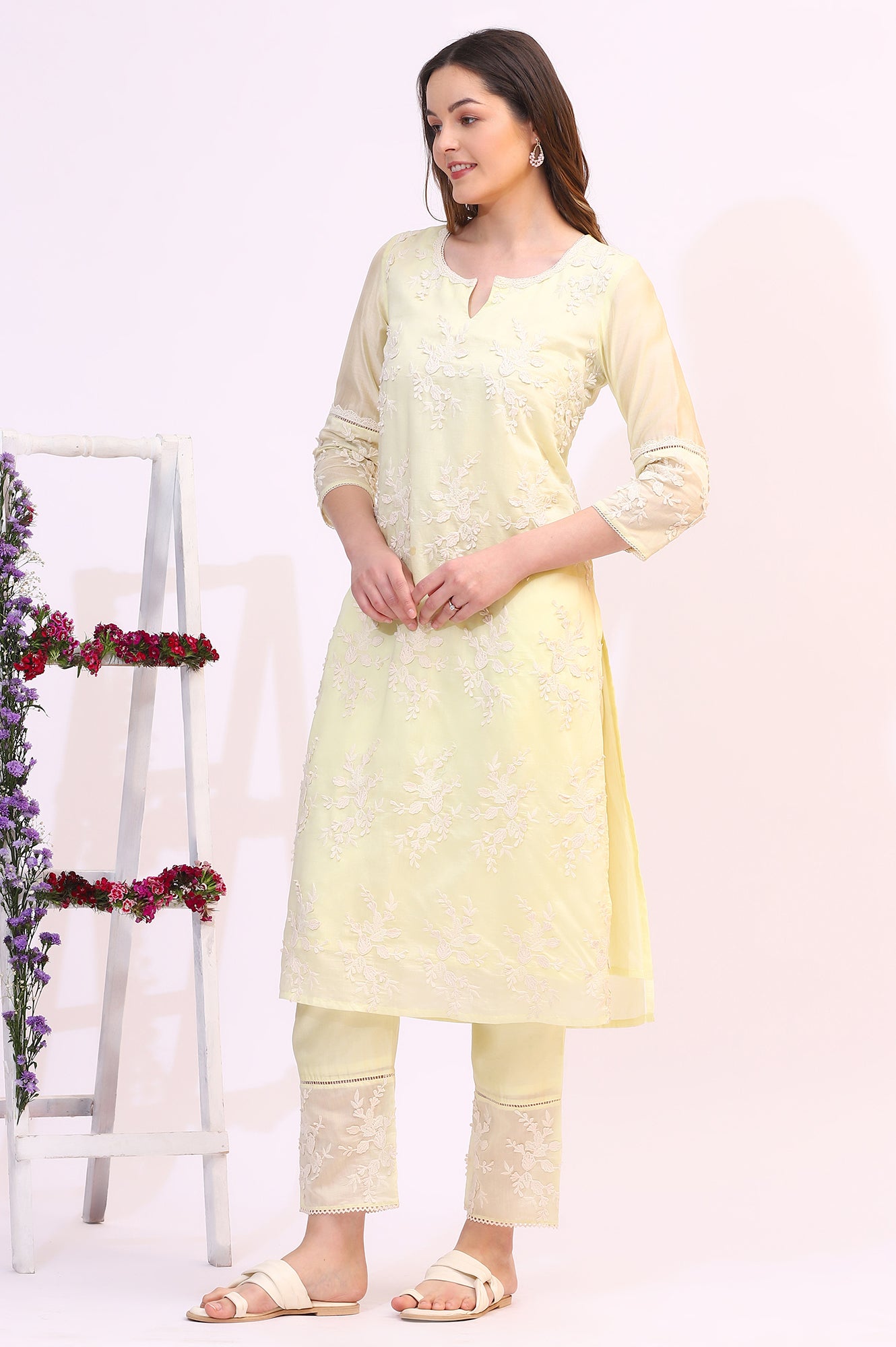 Lime Yellow Thread Embroidered Straight Kurta, Pants and Dupatta Set