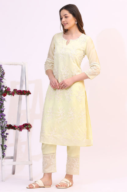 Lime Yellow Thread Embroidered Straight Kurta, Pants and Dupatta Set