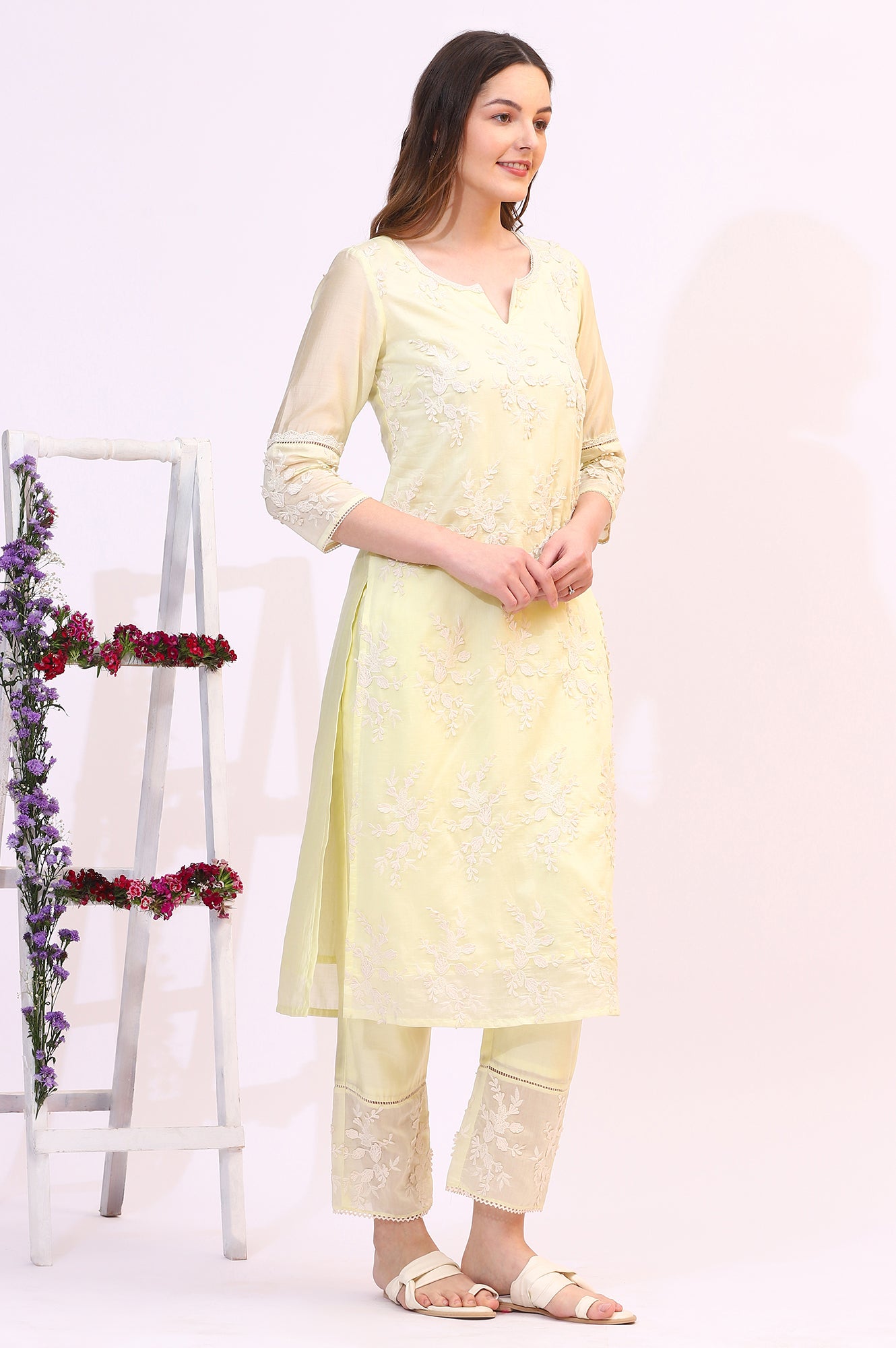 Lime Yellow Thread Embroidered Straight Kurta, Pants and Dupatta Set